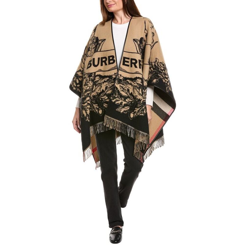 Burberry Reversible Ekd Check Wool Cape, Beige